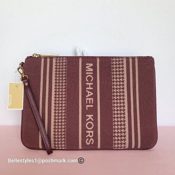 MICHAEL KORS Jet Set Signature Jacquard Large Zip Pouch Wristlet- Dark Berry ⭐ - Picture 2 of 16